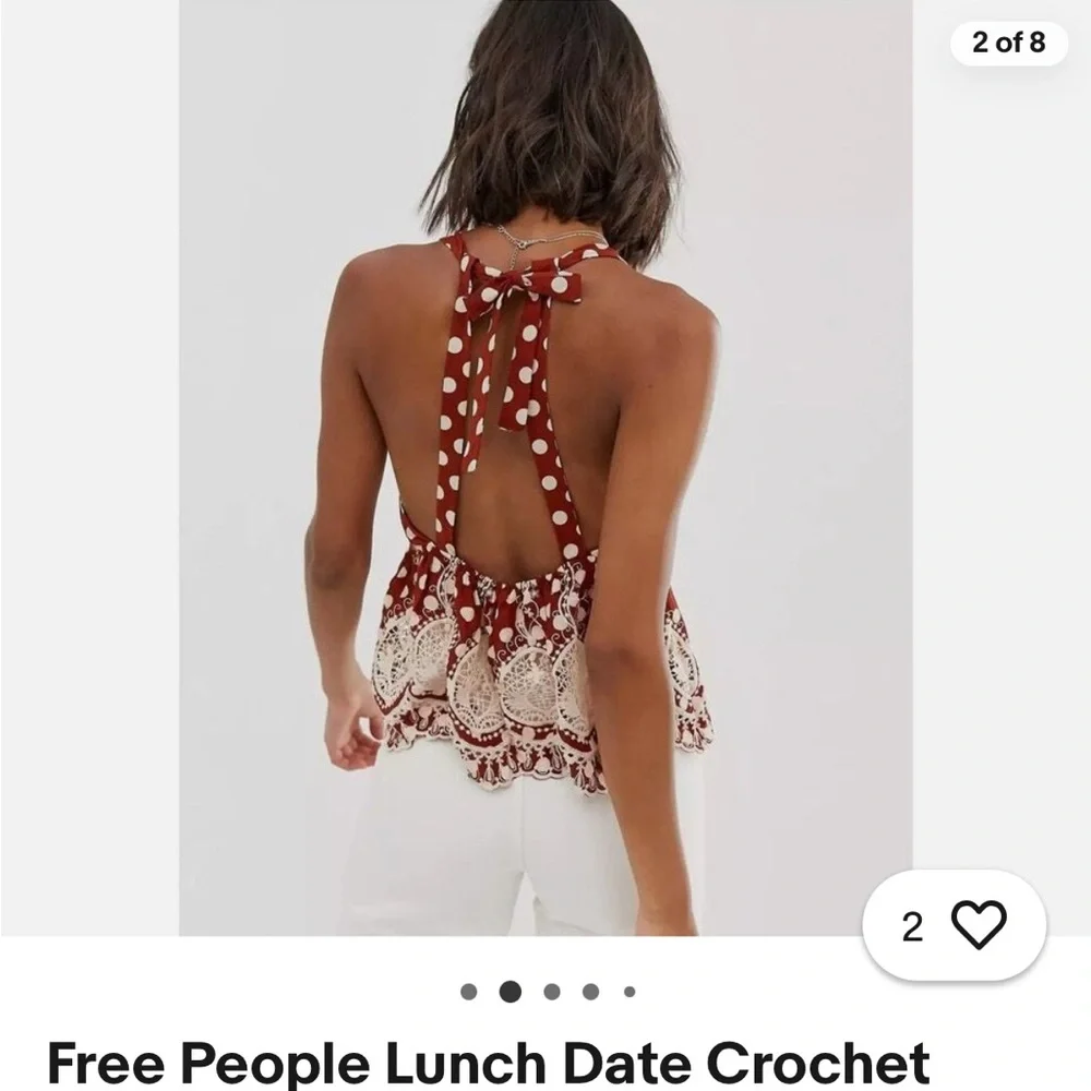 Free People Lunch Date Crochet Halter Top XS Boho Polka Dot Lace - Picture 2 of 7